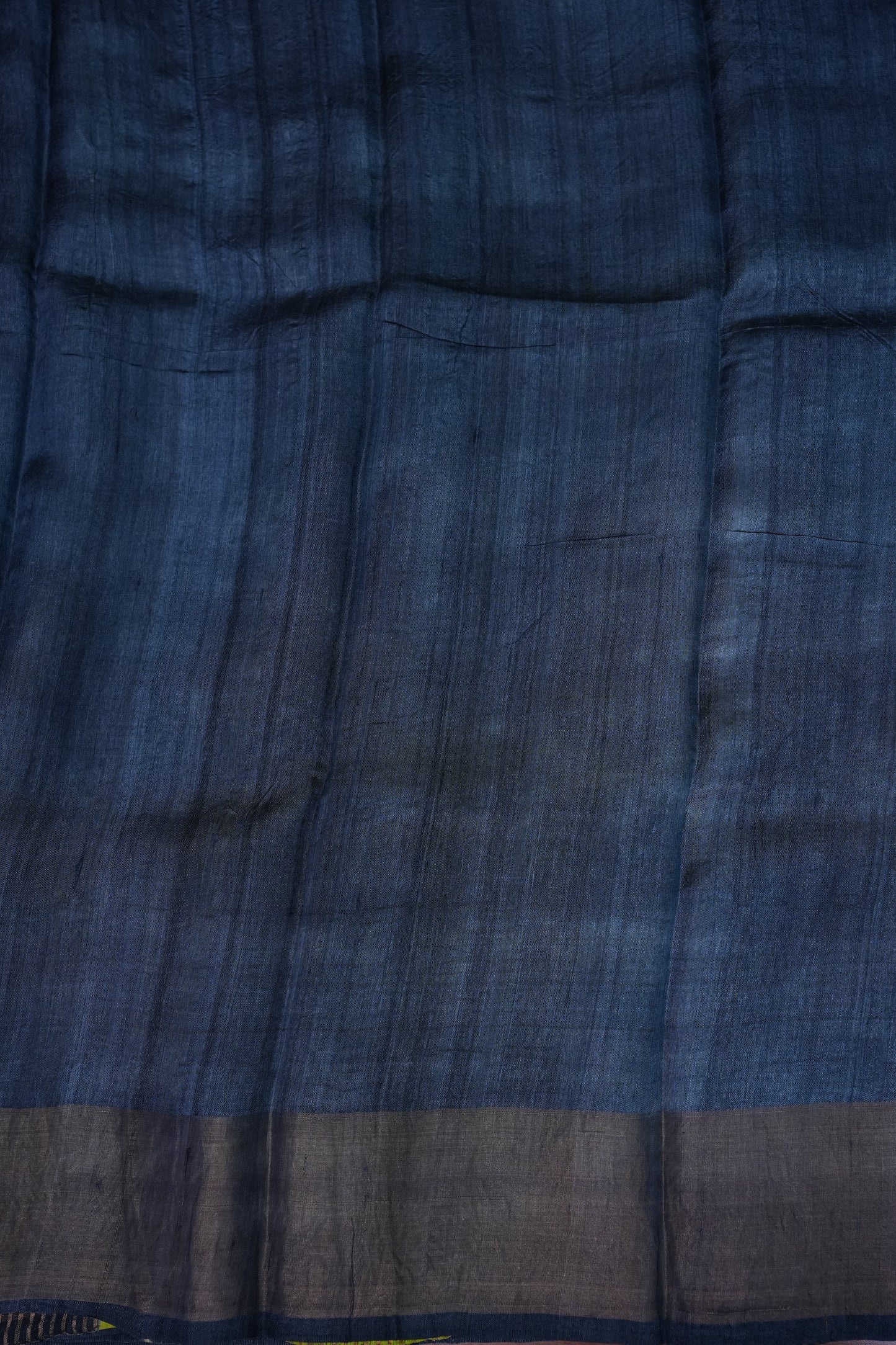 Pure Tussar Silk Saree with Traditional Block Prints – Lime Green & Navy Blue | Silk Mark Certified