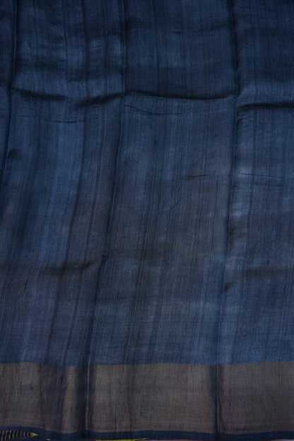 Pure Tussar Silk Saree with Traditional Block Prints – Lime Green & Navy Blue | Silk Mark Certified