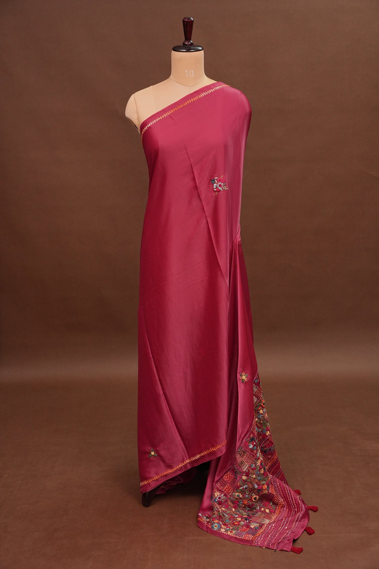 Rose Pink-Crepe silk saree with French knot work