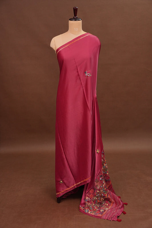 Rose Pink-Crepe silk saree with French knot work