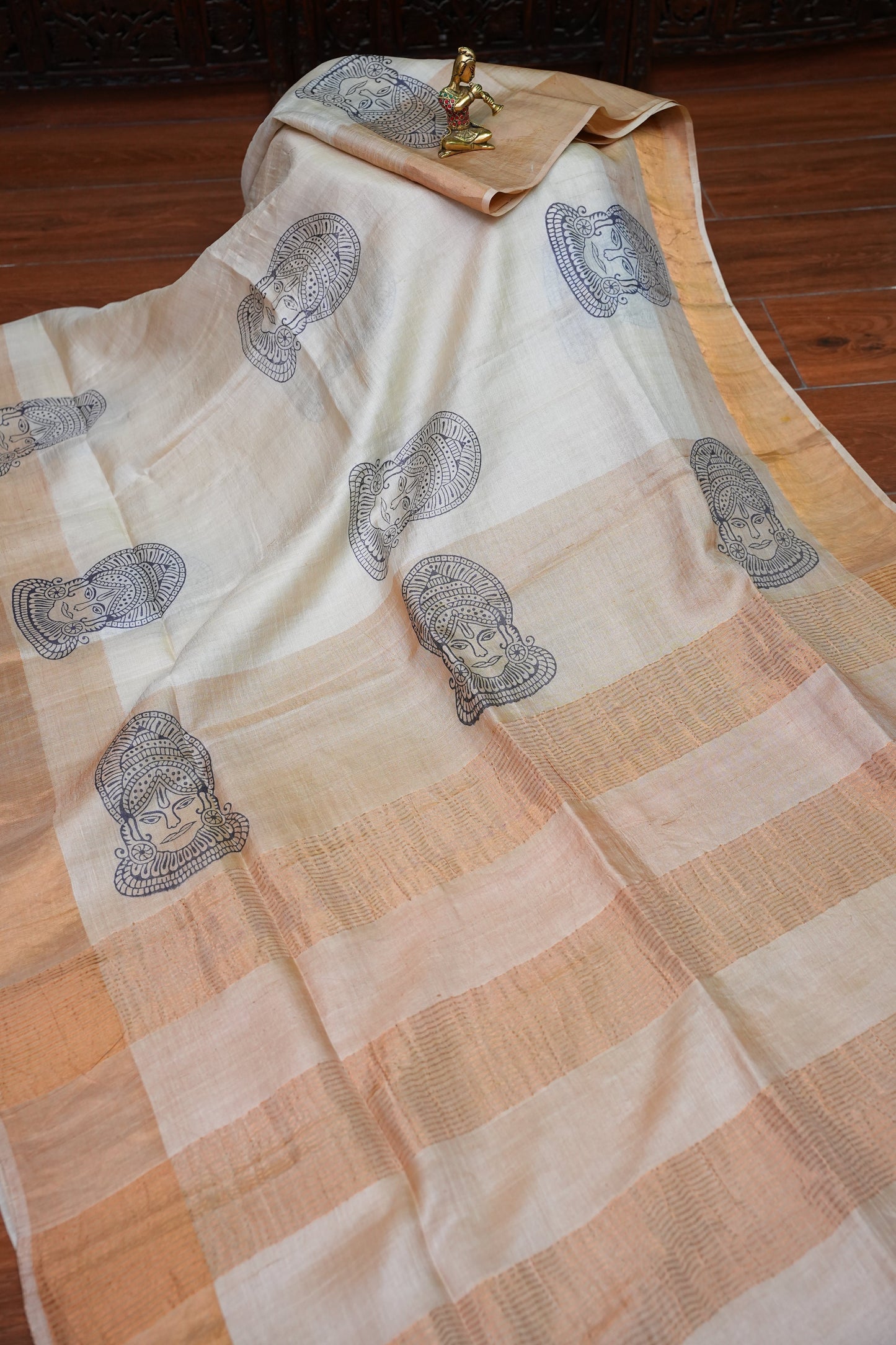 Pure Tussar Silk Saree with Traditional Block Prints – Natural Beige | Silk Mark Certified