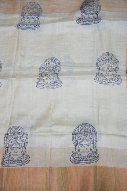 Pure Tussar Silk Saree with Traditional Block Prints – Natural Beige | Silk Mark Certified
