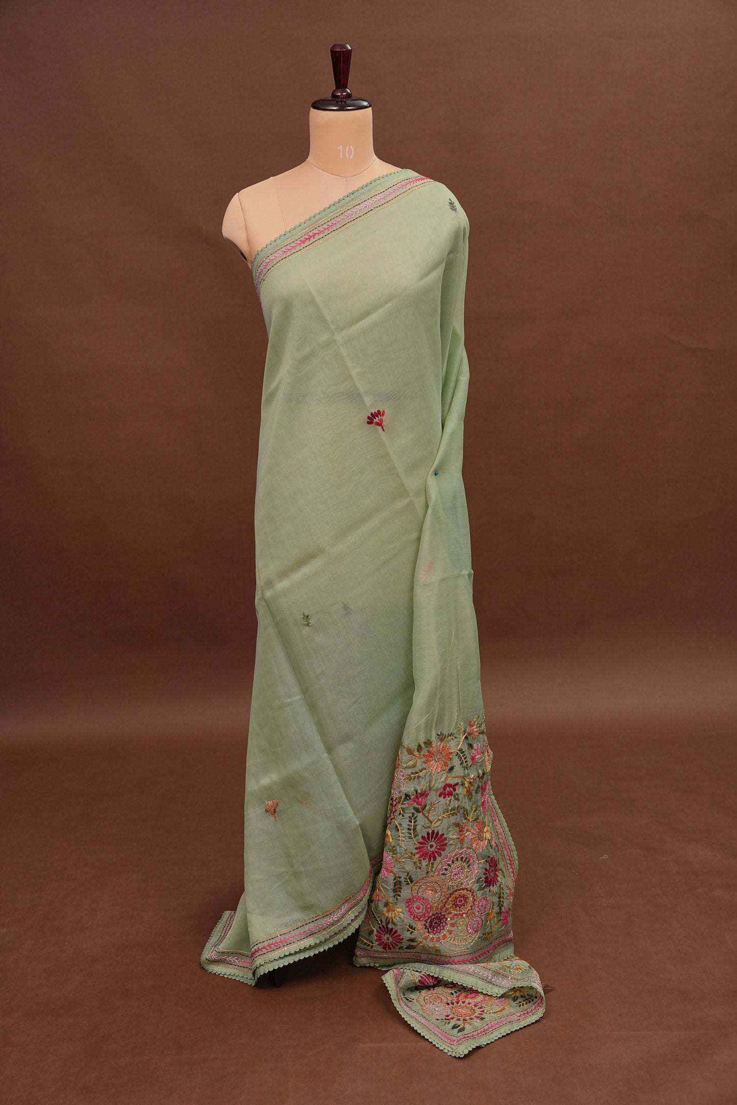 Embroidered Jute Linen Saree - Sage Green