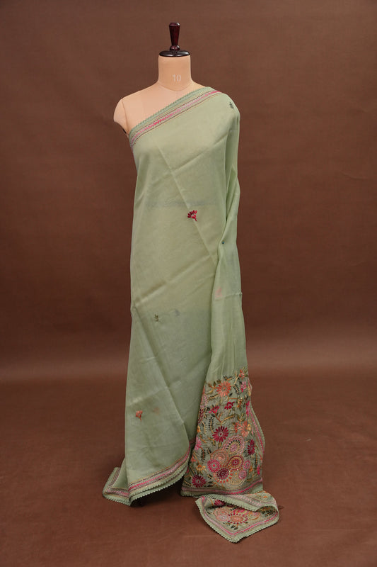 Embroidered Jute Linen Saree - Sage Green