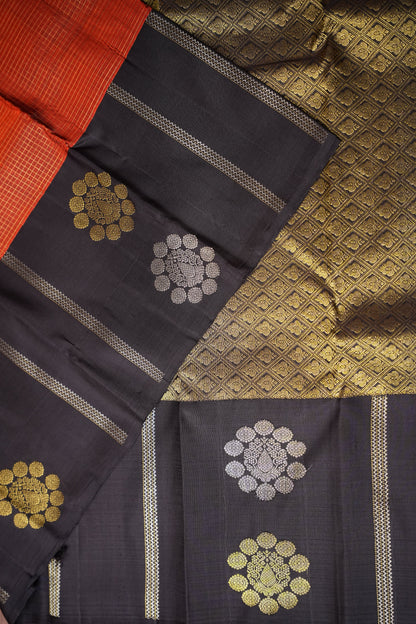 Rust Orange & Black Pure Kanchipuram Silk Saree|Silk Mark Certified