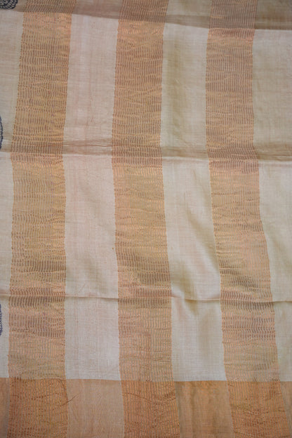 Pure Tussar Silk Saree with Traditional Block Prints – Natural Beige | Silk Mark Certified