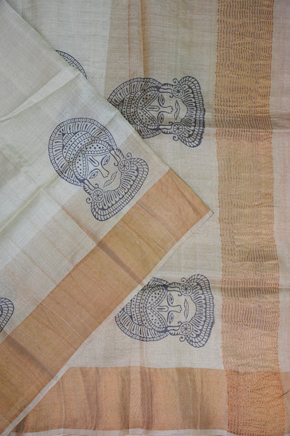Pure Tussar Silk Saree with Traditional Block Prints – Natural Beige | Silk Mark Certified
