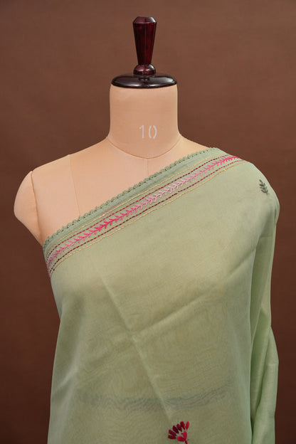 Embroidered Jute Linen Saree - Sage Green