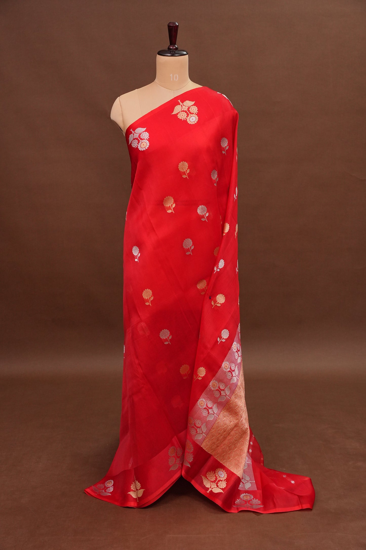 Pure Banarasi Organza(Kora) Silk Handloom Saree with Gold & Silver Zari Buttas – Vermilion Red|Silk Mark Certified