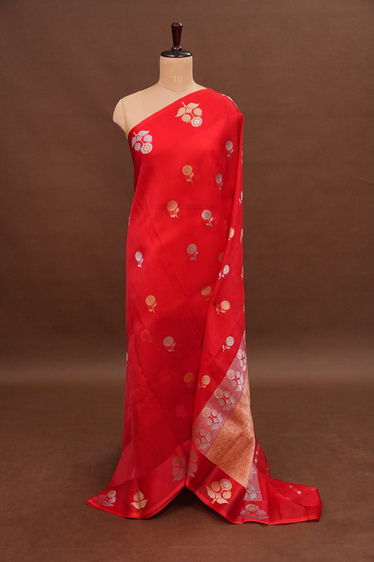 Pure Banarasi Organza(Kora) Silk Handloom Saree with Gold & Silver Zari Buttas – Vermilion Red|Silk Mark Certified