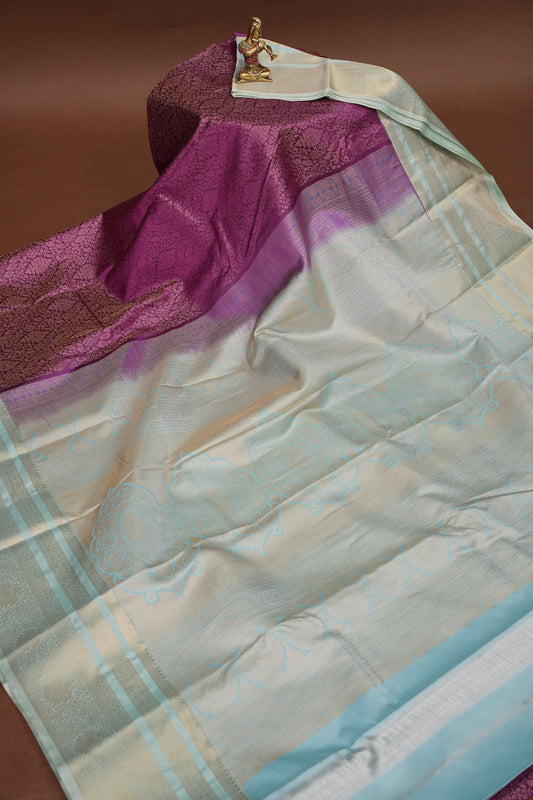 Kanchivaram Semi Silk Saree - Wine Floral with Aqua