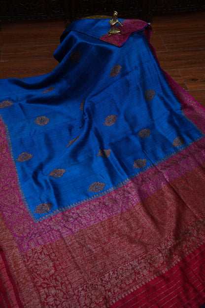 Pure Tussar Banarasi Raw Silk Saree – Blue with Pink 3D Contrast Antique Zari Borders|Silk Mark Certified