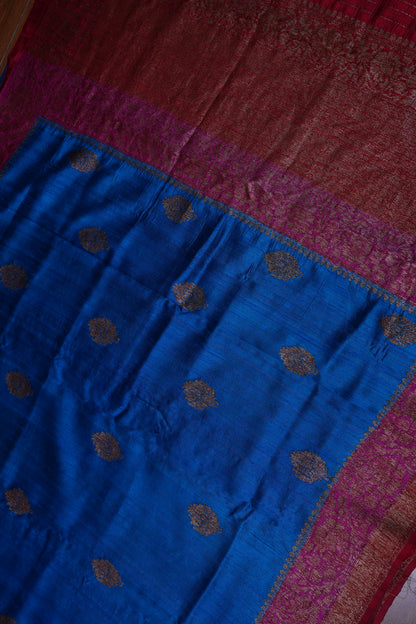 Pure Tussar Banarasi Raw Silk Saree – Blue with Pink 3D Contrast Antique Zari Borders|Silk Mark Certified