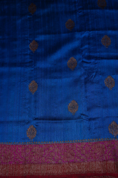 Pure Tussar Banarasi Raw Silk Saree – Blue with Pink 3D Contrast Antique Zari Borders|Silk Mark Certified