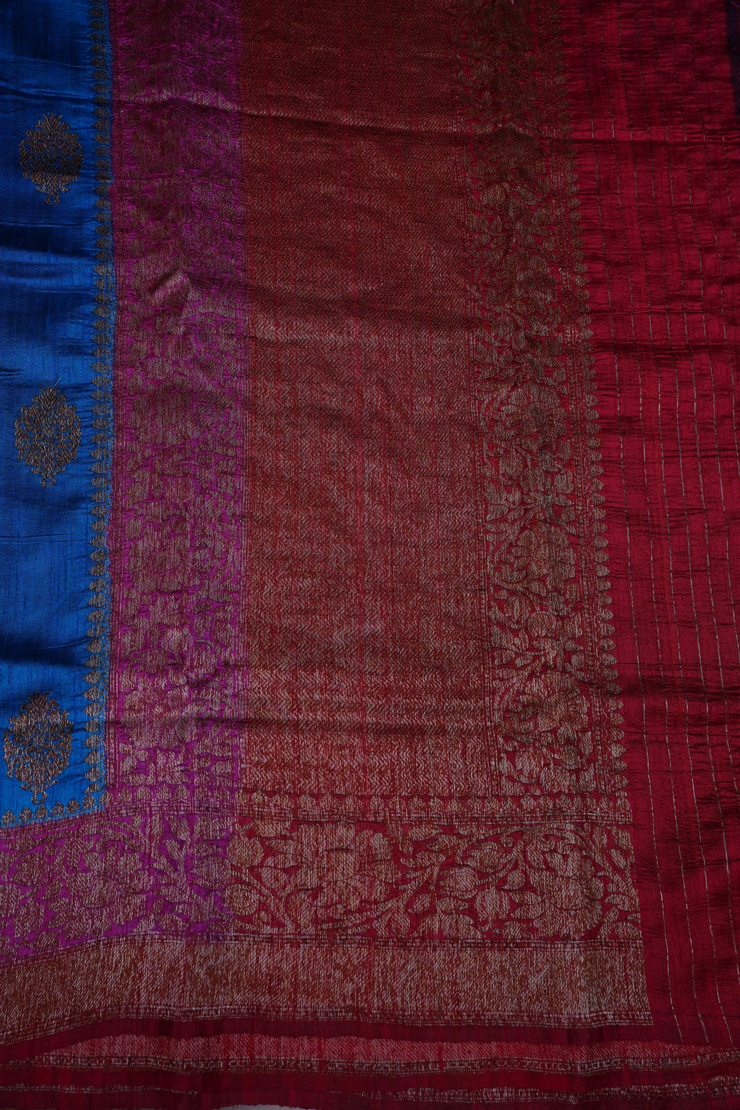 Pure Tussar Banarasi Raw Silk Saree – Blue with Pink 3D Contrast Antique Zari Borders|Silk Mark Certified