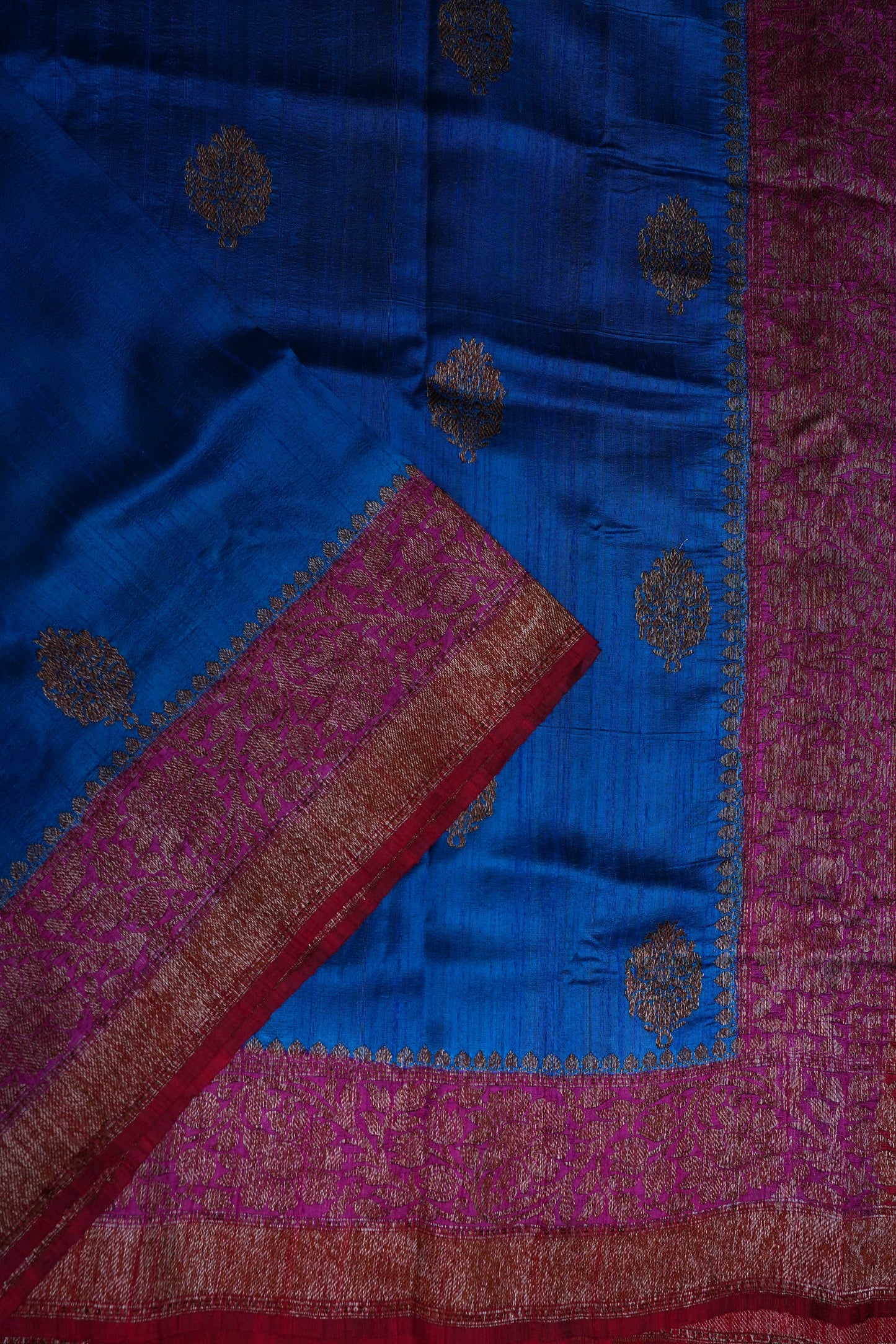 Pure Tussar Banarasi Raw Silk Saree – Blue with Pink 3D Contrast Antique Zari Borders|Silk Mark Certified