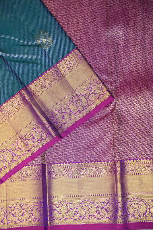 Peacock Blue & Purple Pure Kanchipuram Brocade Silk Saree|Silk Mark Certified