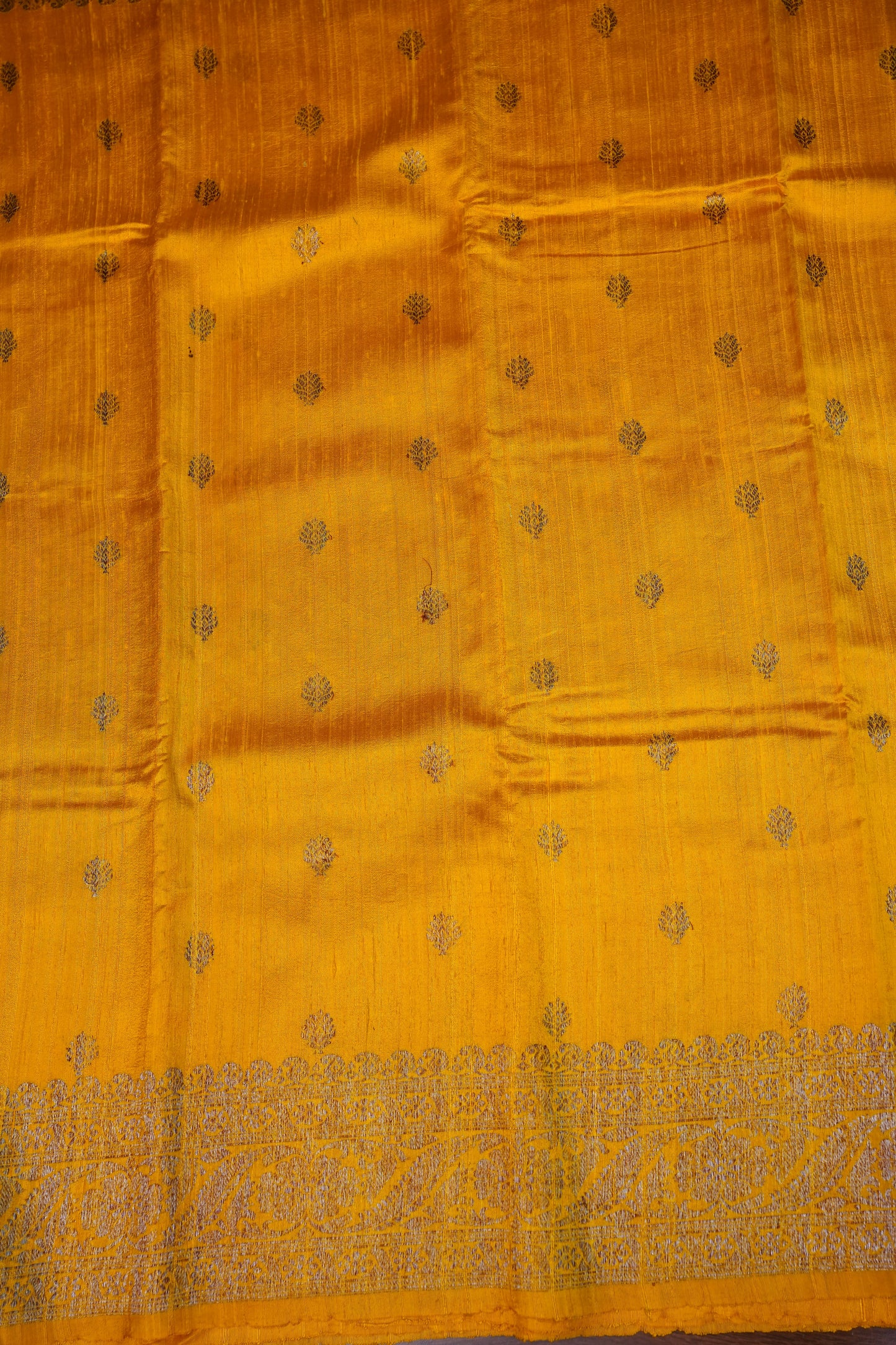 Yellow Pure Tussar Banarasi Raw Silk Saree with Antique Zari Buttas|Silk Mark Certified