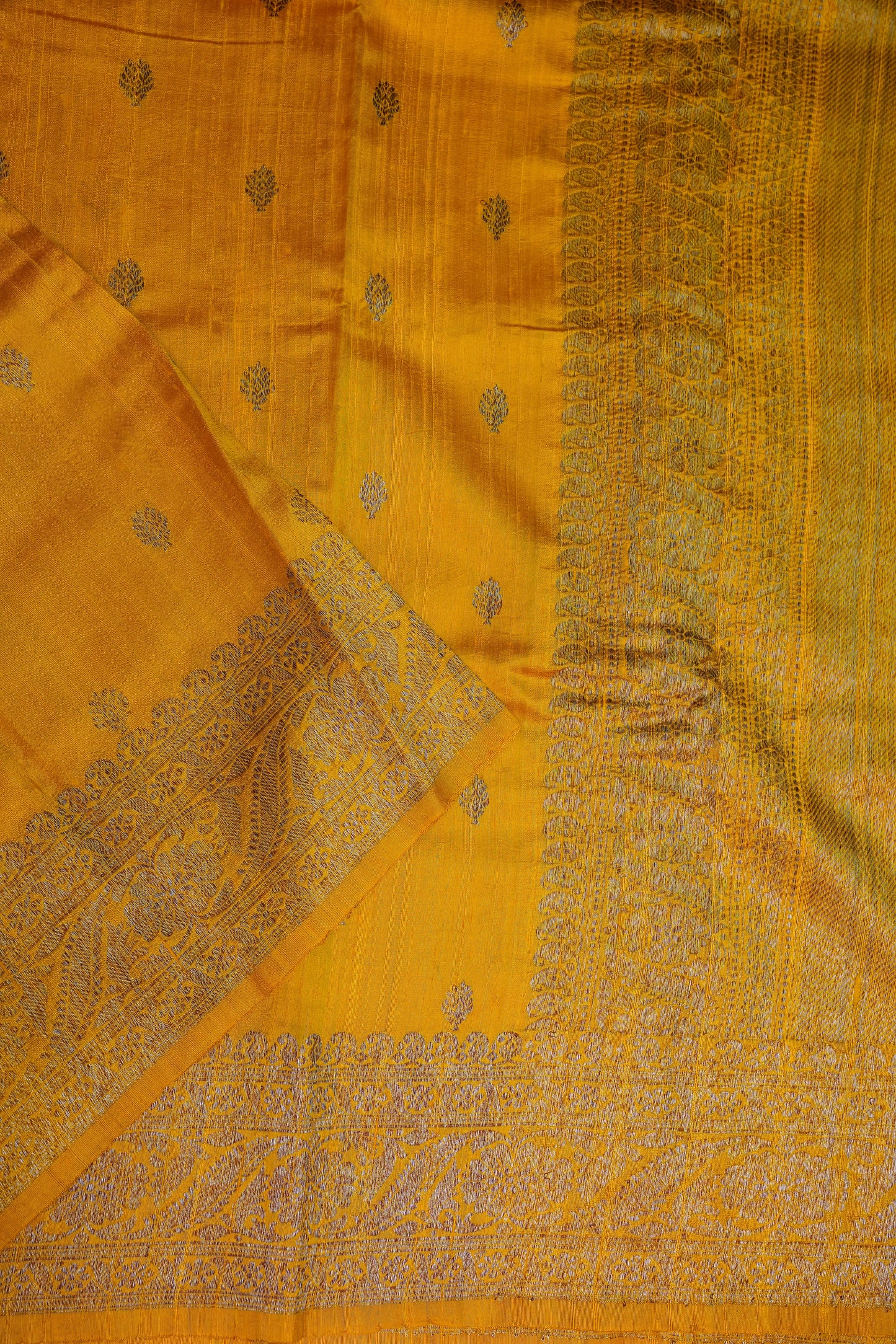 Yellow Pure Tussar Banarasi Raw Silk Saree with Antique Zari Buttas|Silk Mark Certified