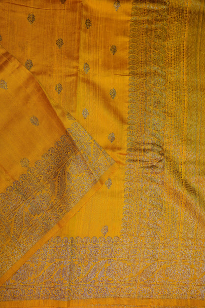 Yellow Pure Tussar Banarasi Raw Silk Saree with Antique Zari Buttas|Silk Mark Certified