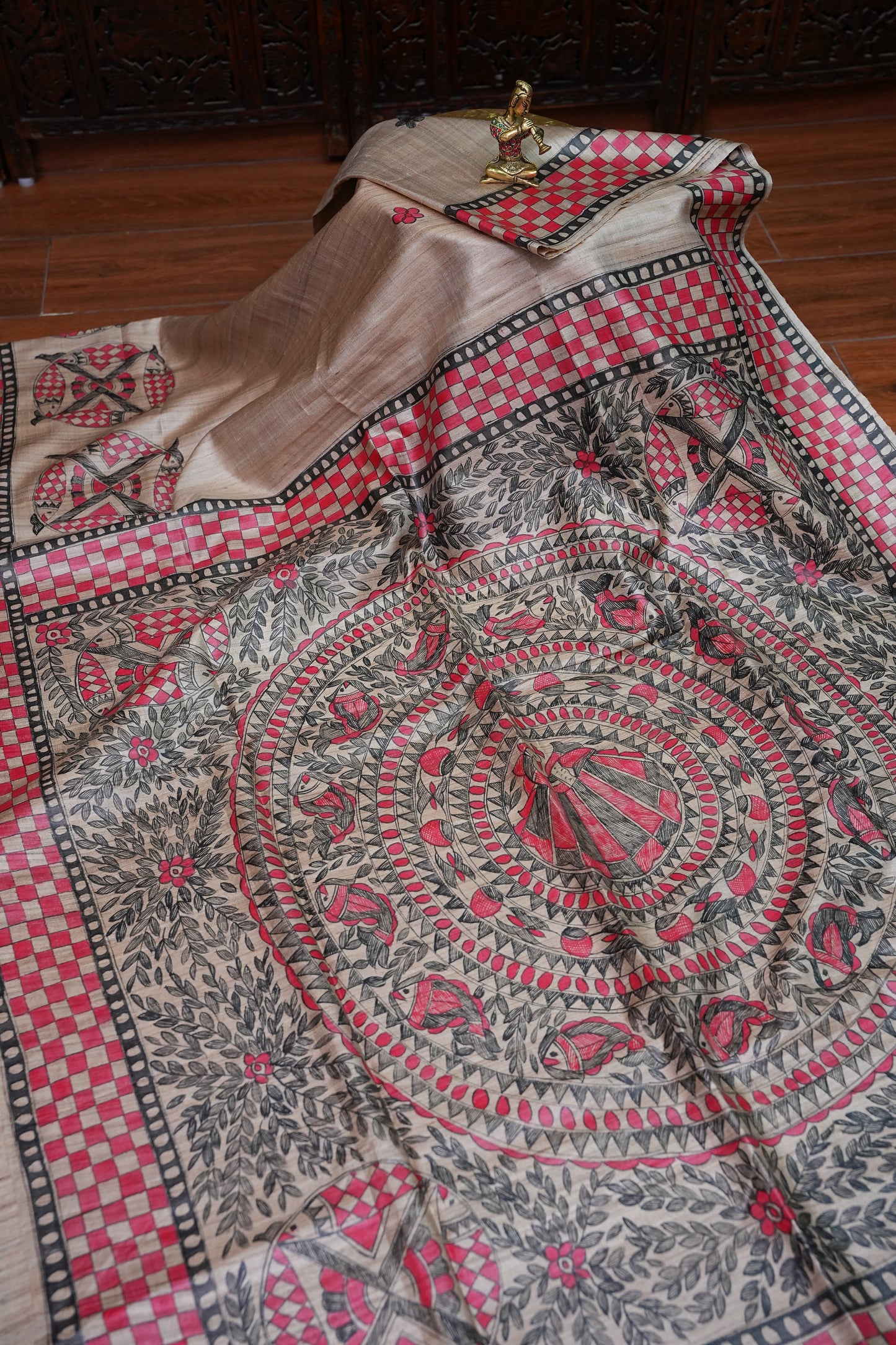Pure Desi Tussar Silk Saree with Handpainted Madhubani Artwork – Beige & Pink | Silk Mark Certified