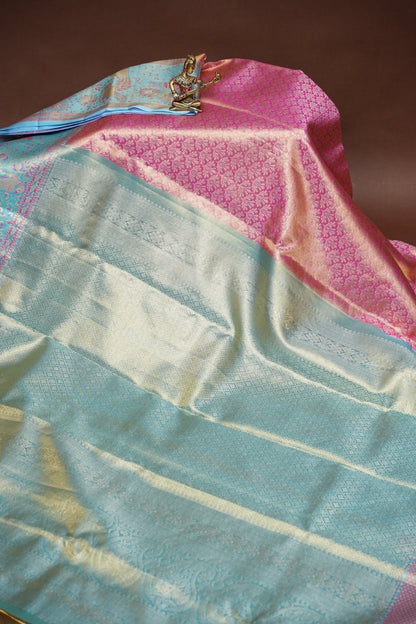 Pure Tissue Kanchipuram Silk Saree - Pinkish Peach with Aqua Blue| Silk Mark Certified