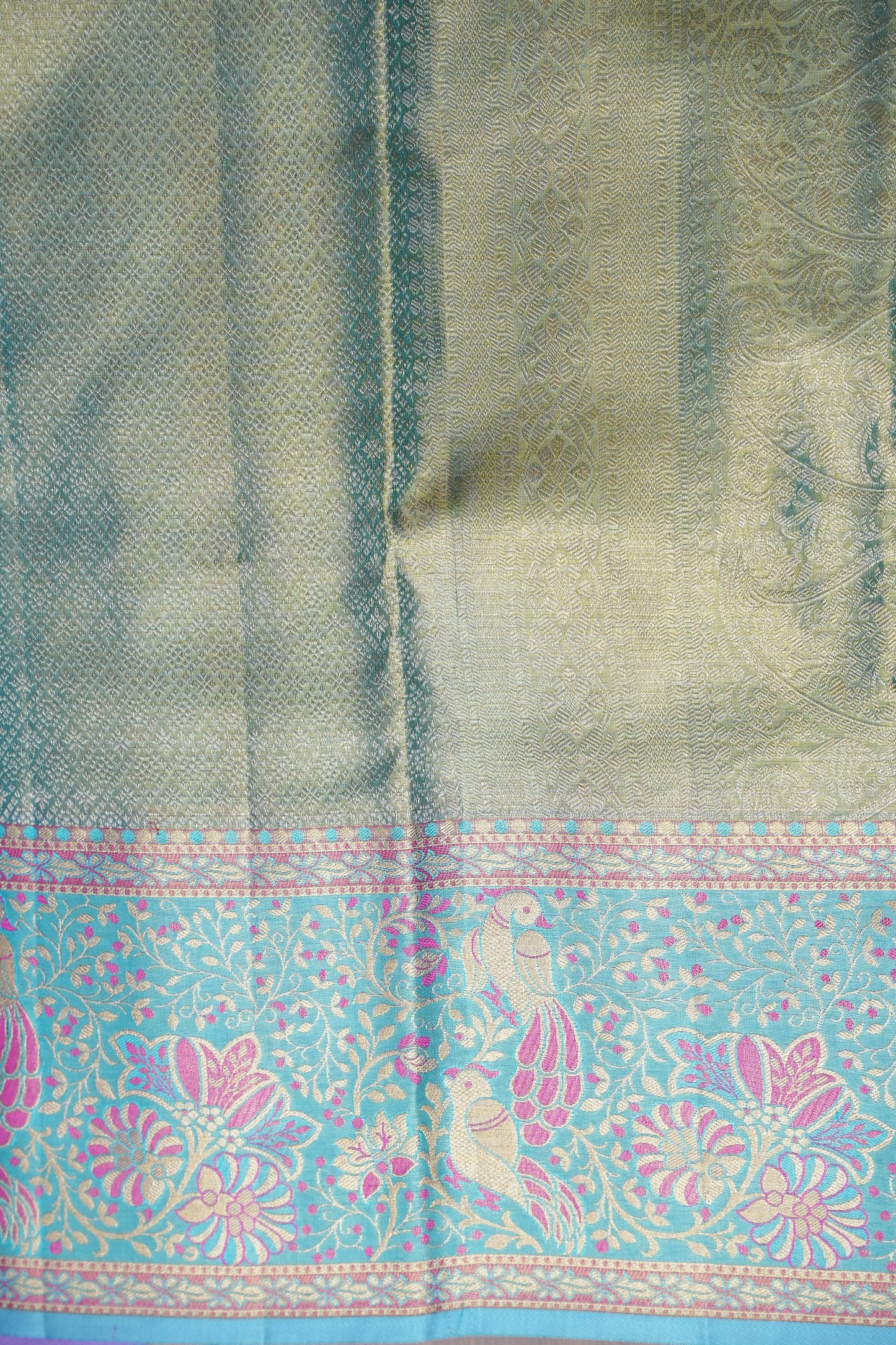 Pure Tissue Kanchipuram Silk Saree - Pinkish Peach with Aqua Blue| Silk Mark Certified