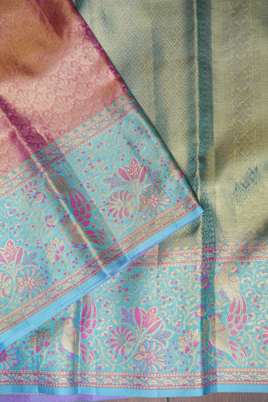 Pure Tissue Kanchipuram Silk Saree - Pinkish Peach with Aqua Blue| Silk Mark Certified