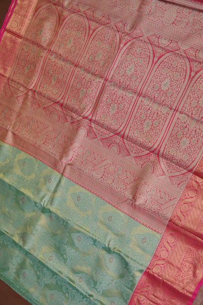 Mint Green Semi Silk Saree with Pink Zari Border