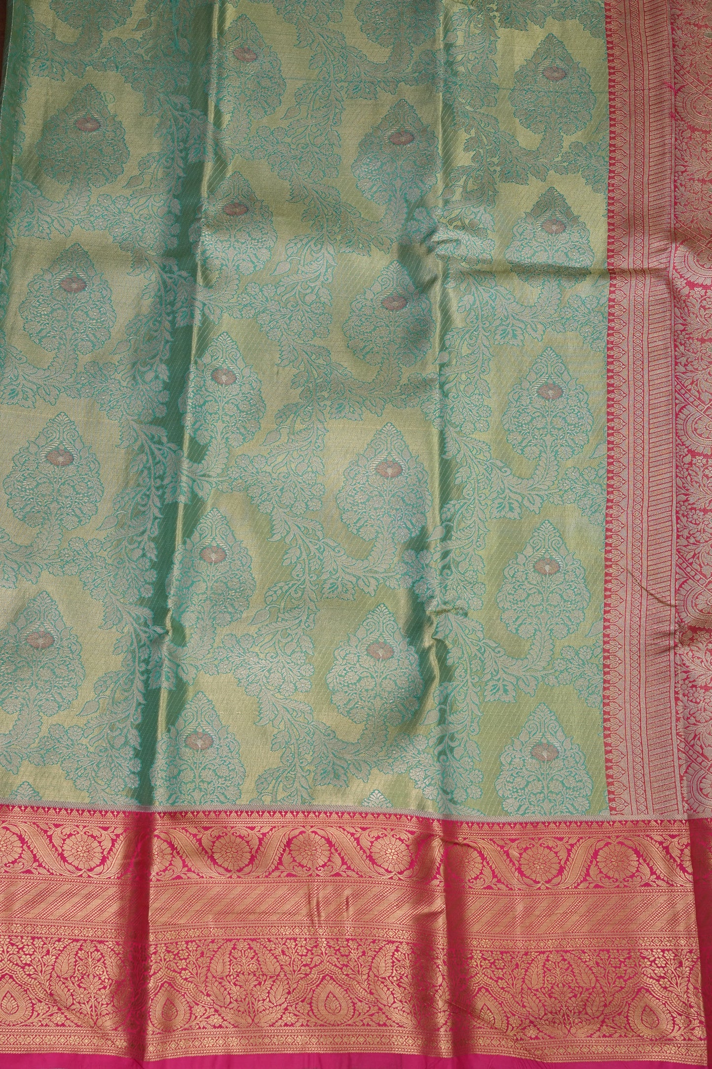 Mint Green Semi Silk Saree with Pink Zari Border