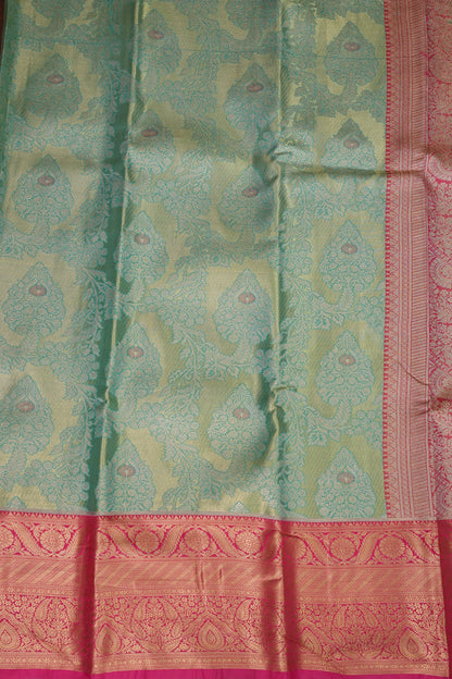Mint Green Semi Silk Saree with Pink Zari Border