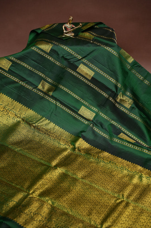 Bottle Green Pure Kanchipuram Borderless Silk Saree|Silk Mark Certified