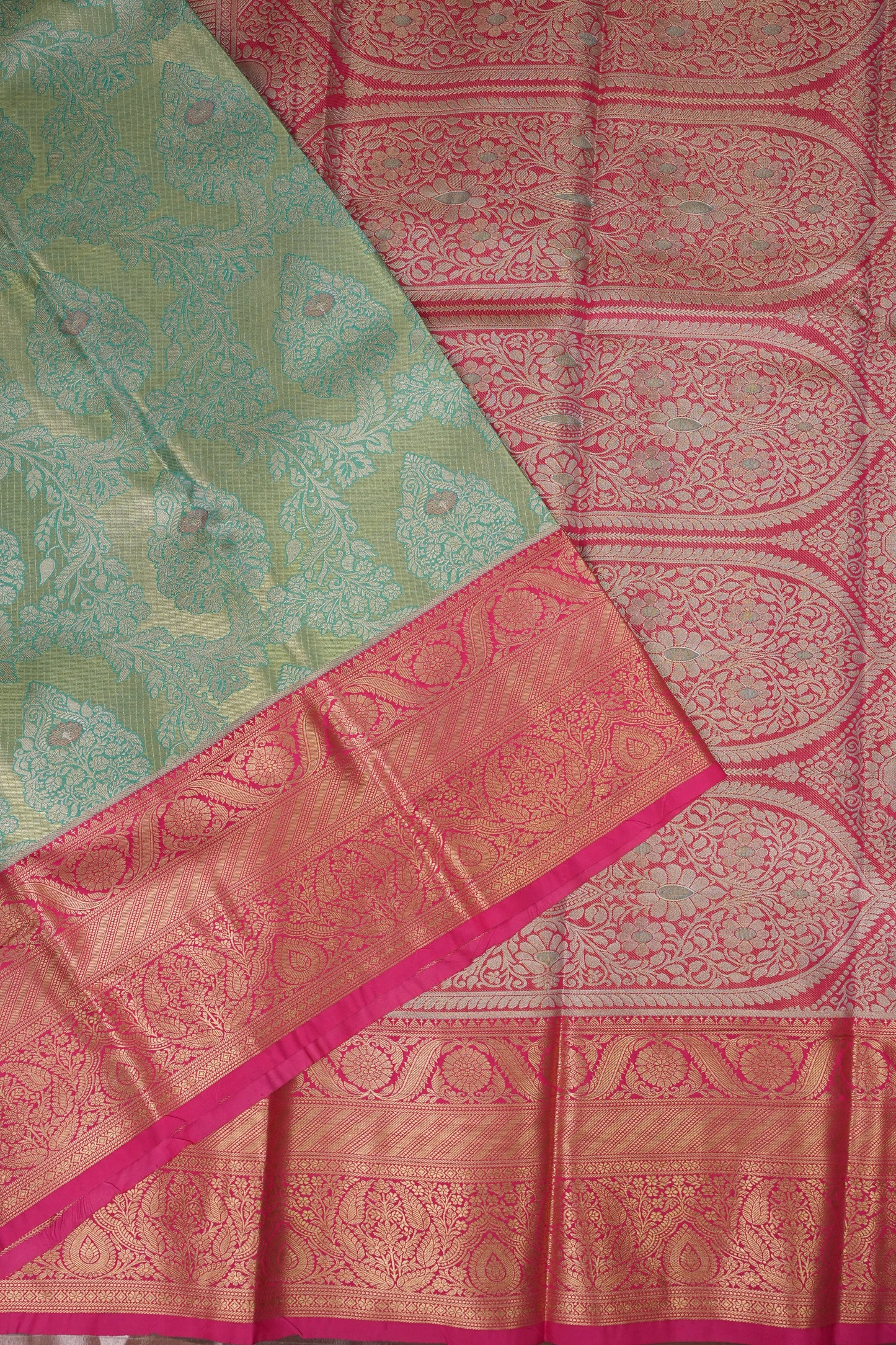 Mint Green Semi Silk Saree with Pink Zari Border