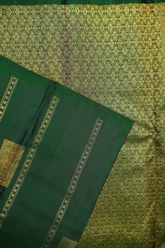 Bottle Green Pure Kanchipuram Borderless Silk Saree|Silk Mark Certified
