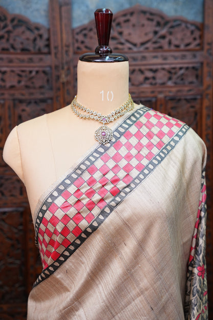 Pure Desi Tussar Silk Saree with Handpainted Madhubani Artwork – Beige & Pink | Silk Mark Certified
