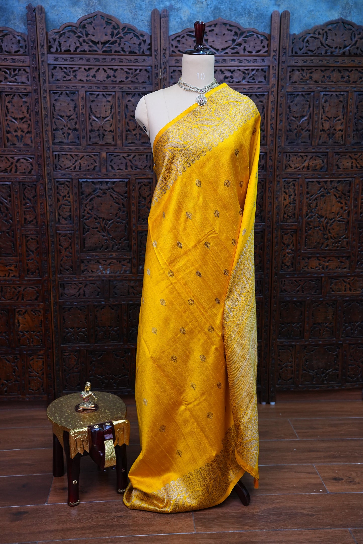 Yellow Pure Tussar Banarasi Raw Silk Saree with Antique Zari Buttas|Silk Mark Certified