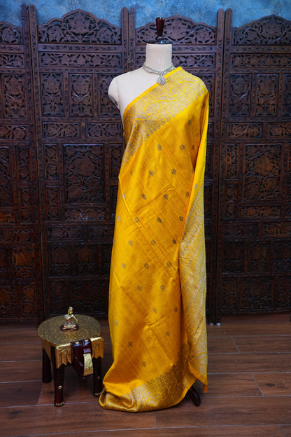 Yellow Pure Tussar Banarasi Raw Silk Saree with Antique Zari Buttas|Silk Mark Certified