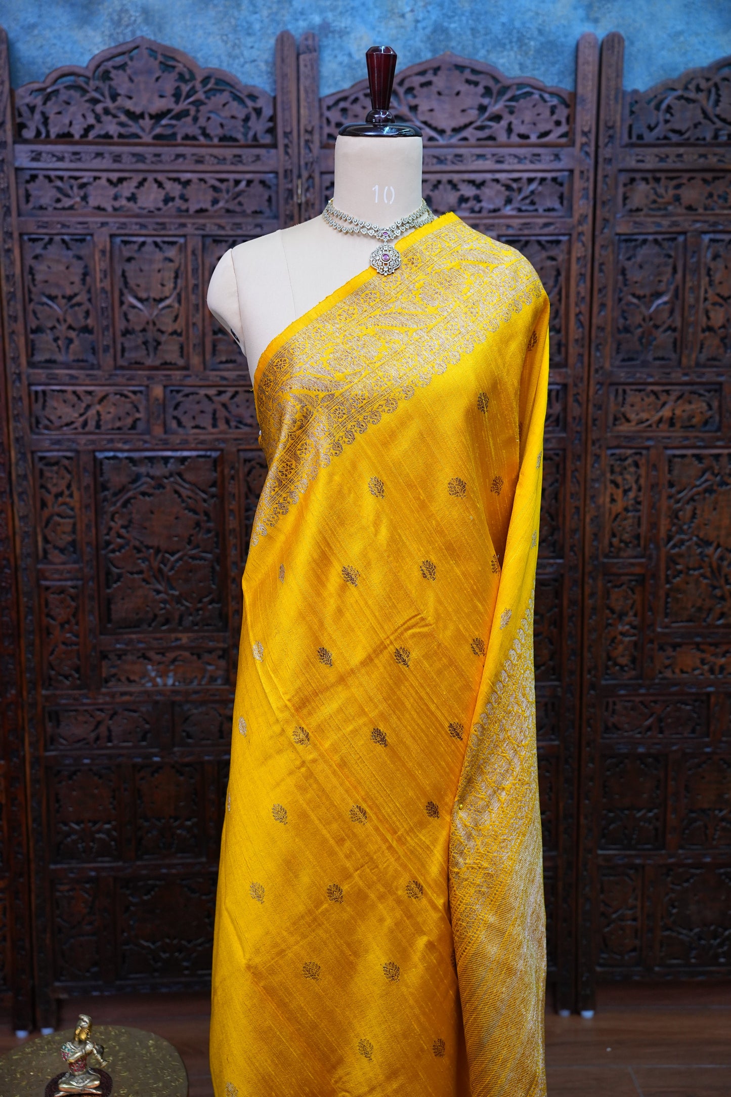 Yellow Pure Tussar Banarasi Raw Silk Saree with Antique Zari Buttas|Silk Mark Certified