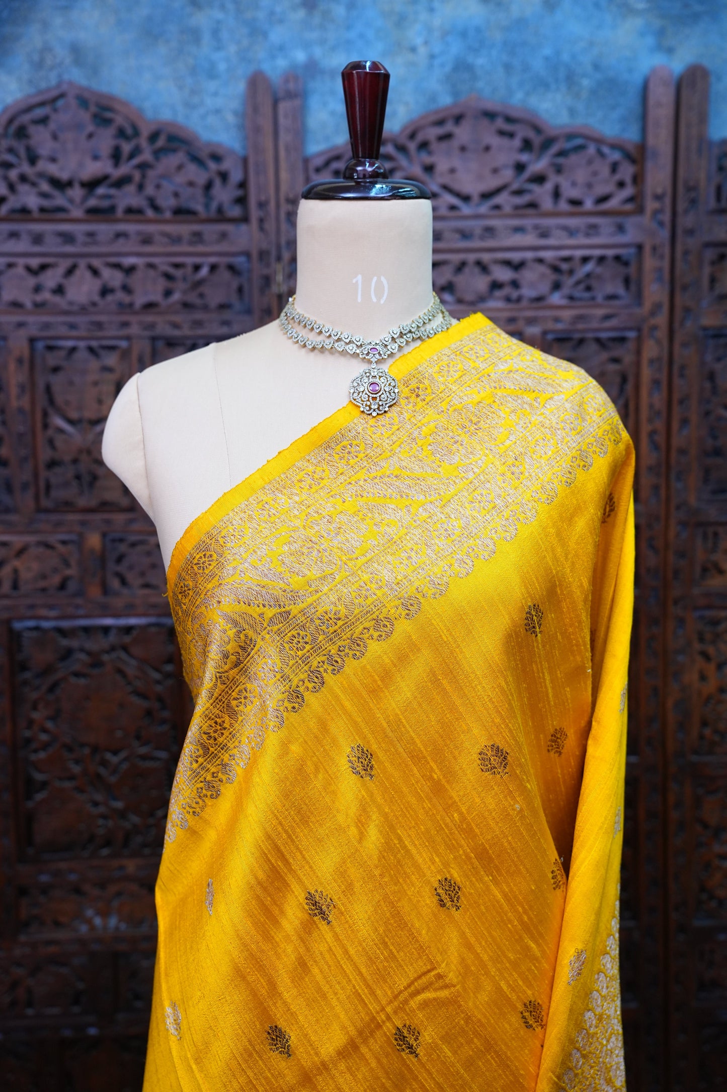 Yellow Pure Tussar Banarasi Raw Silk Saree with Antique Zari Buttas|Silk Mark Certified
