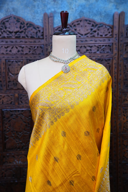 Yellow Pure Tussar Banarasi Raw Silk Saree with Antique Zari Buttas|Silk Mark Certified