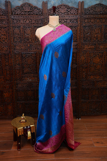 Pure Tussar Banarasi Raw Silk Saree – Blue with Pink 3D Contrast Antique Zari Borders|Silk Mark Certified