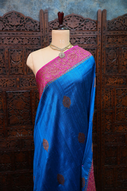 Pure Tussar Banarasi Raw Silk Saree – Blue with Pink 3D Contrast Antique Zari Borders|Silk Mark Certified
