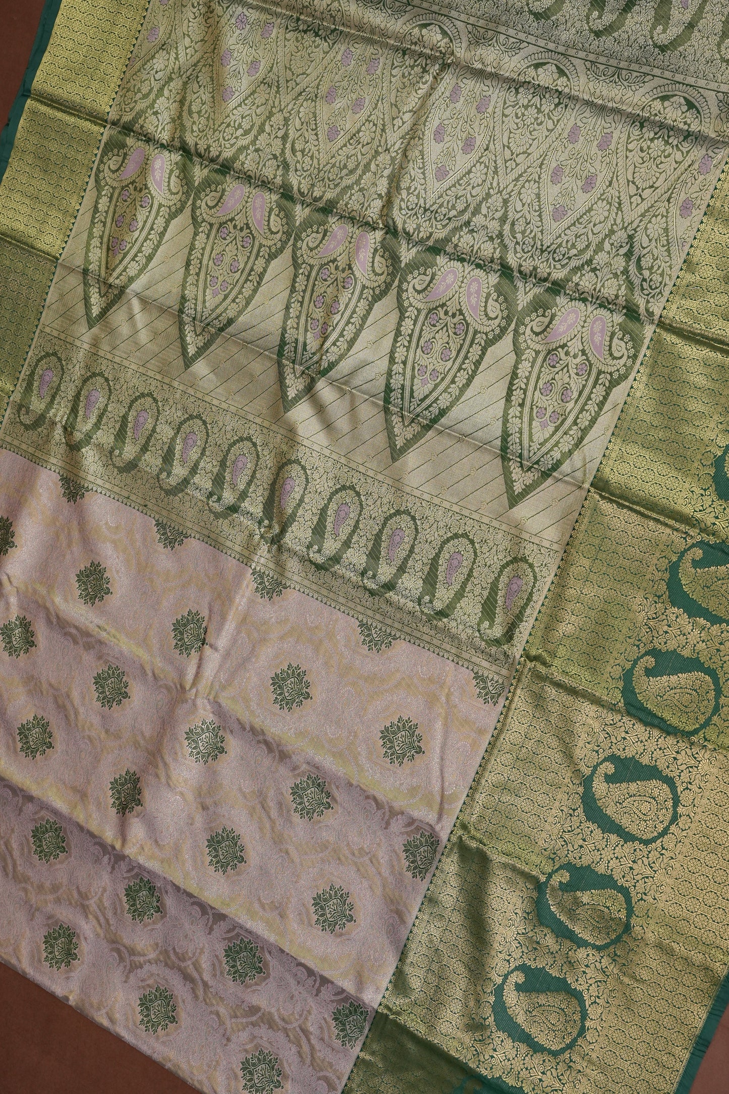 Champagne Gold Semi Silk Saree with Leaf Green Contrast Border & Pallu