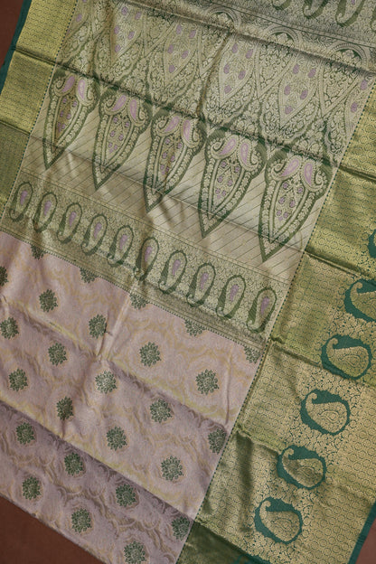 Champagne Gold Semi Silk Saree with Leaf Green Contrast Border & Pallu