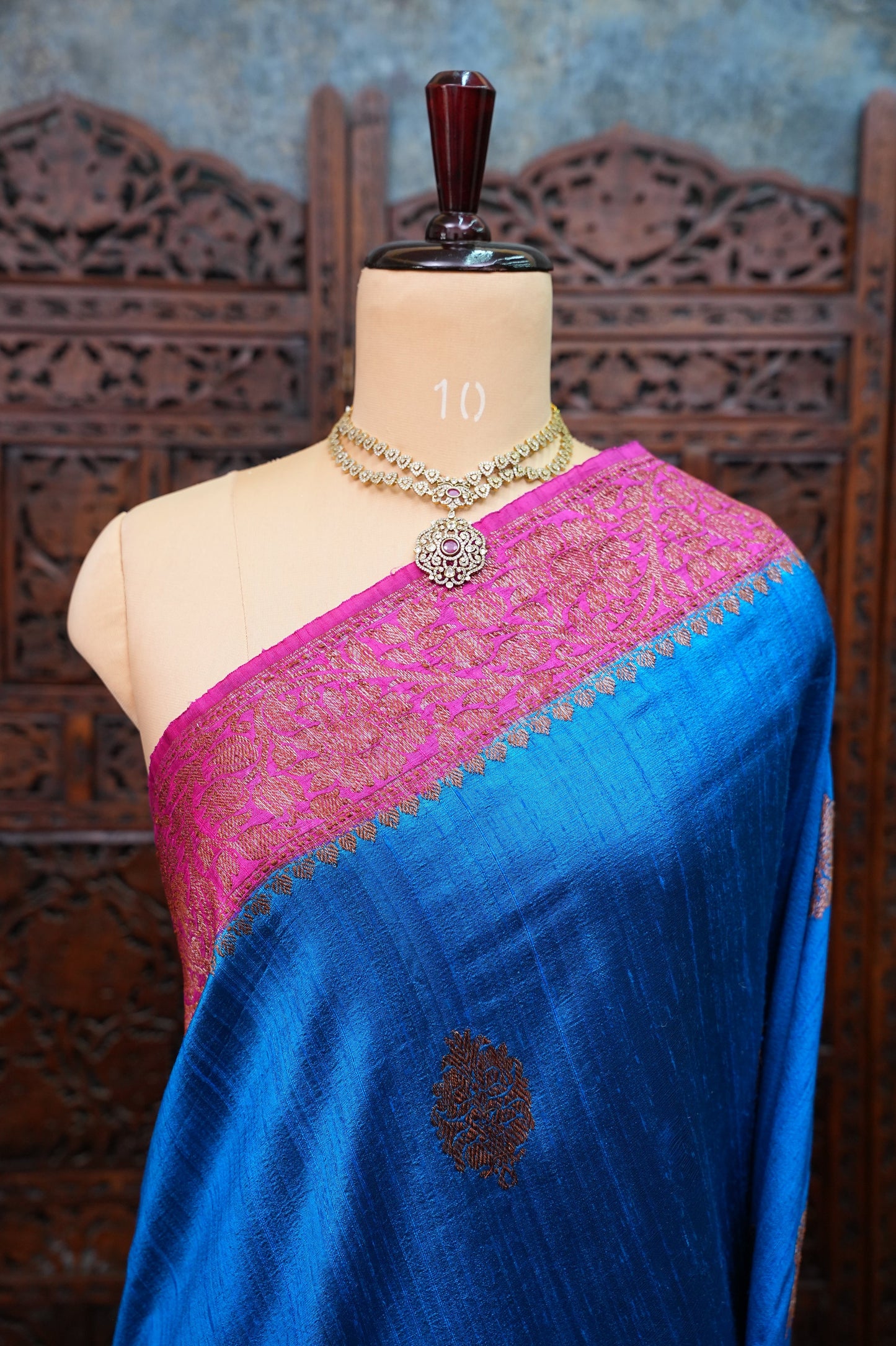 Pure Tussar Banarasi Raw Silk Saree – Blue with Pink 3D Contrast Antique Zari Borders|Silk Mark Certified