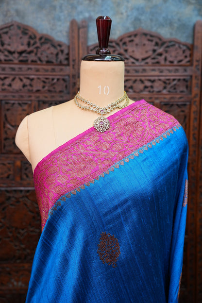 Pure Tussar Banarasi Raw Silk Saree – Blue with Pink 3D Contrast Antique Zari Borders|Silk Mark Certified
