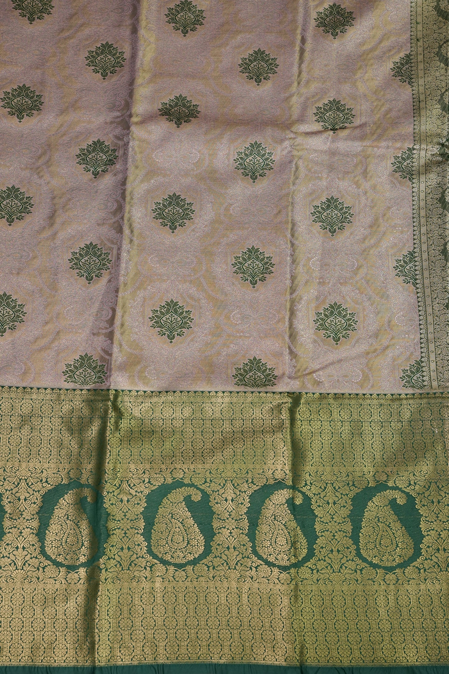 Champagne Gold Semi Silk Saree with Leaf Green Contrast Border & Pallu
