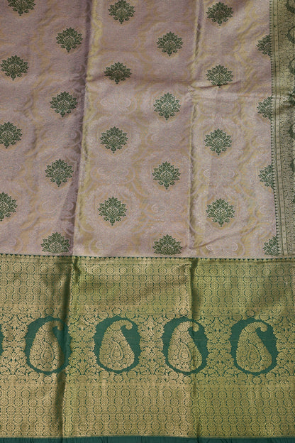 Champagne Gold Semi Silk Saree with Leaf Green Contrast Border & Pallu