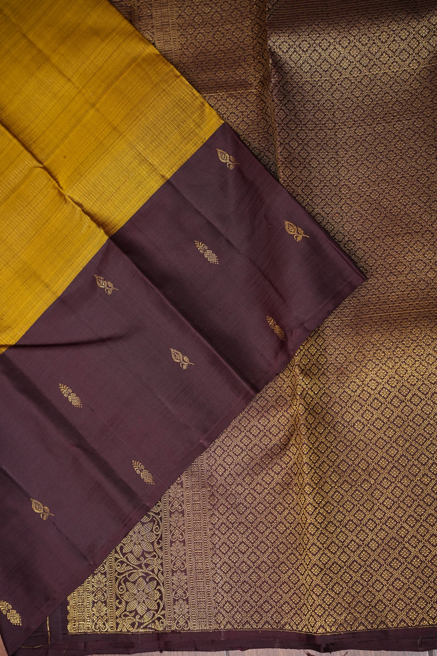 Olive Green & Coffee Border Pure Kanchipuram Silk Saree|Silk Mark Certified