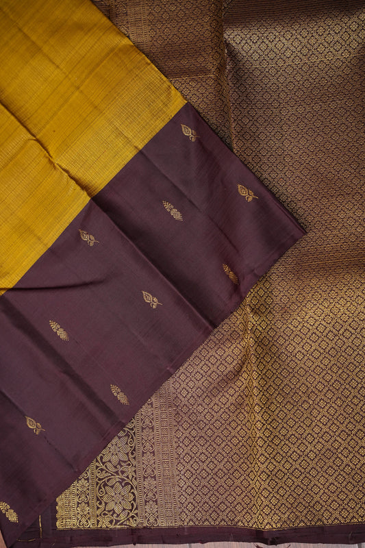 Olive Green & Coffee Border Pure Kanchipuram Silk Saree|Silk Mark Certified